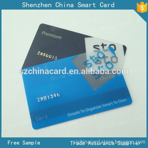 plastic PVC clear membership card with frosted surface, embossing number business card with loco magnetic stripe